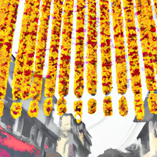 An image of a vibrant Indian street adorned with colorful marigold flower garlands hanging from shopfronts, showcasing the bustling atmosphere of wedding season in India