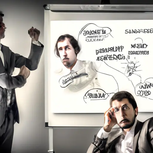 An image depicting a tense office scene: a worried employee presenting innovative ideas on a whiteboard, while their manager looks on with a raised eyebrow and crossed arms, revealing their fear of being overshadowed
