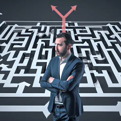An image of a maze with multiple paths, where a confident employee stands at a crossroads, surrounded by arrows pointing towards them