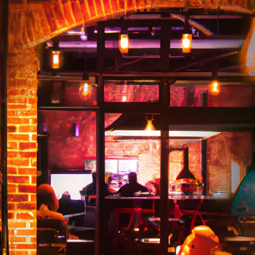 An image showcasing a dimly lit bar with exposed brick walls, adorned with warm string lights