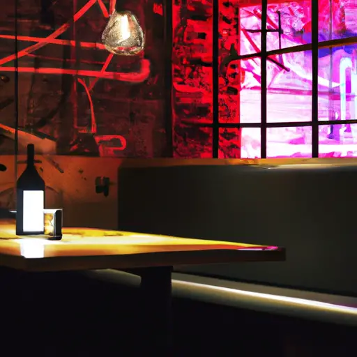 An image showcasing a trendy, vibrant restaurant interior, illuminated by dim, Edison bulb lights