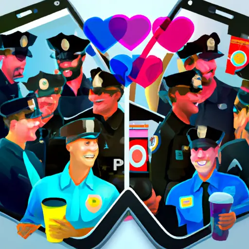 An image showcasing a diverse group of single police officers smiling and engaging in conversation on a mobile dating app, with iconic police-related elements like badges and patrol cars subtly incorporated