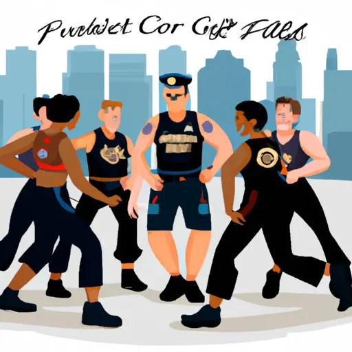 An image showcasing a diverse group of people sweating it out together in a high-energy fitness class, with police officers actively participating, highlighting the camaraderie and health benefits of joining fitness events for first responders