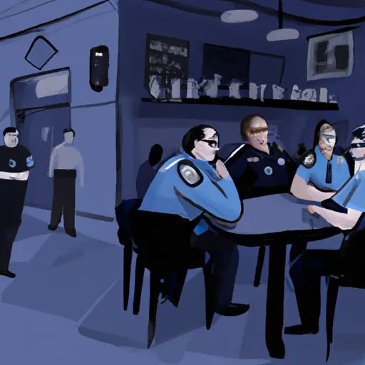 An image showcasing a bustling coffee shop, with a cozy corner table occupied by a single police officer engrossed in conversation with an intrigued individual, surrounded by a subtle blue hue reflecting their uniform