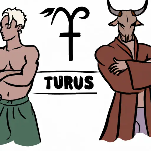 An image featuring a determined Taurus, arms crossed, looking unimpressed while standing next to a flamboyant and unpredictable individual