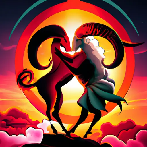 An image showcasing an adventurous Aries and a balanced Libra, locked in a passionate embrace under a vibrant sunset sky