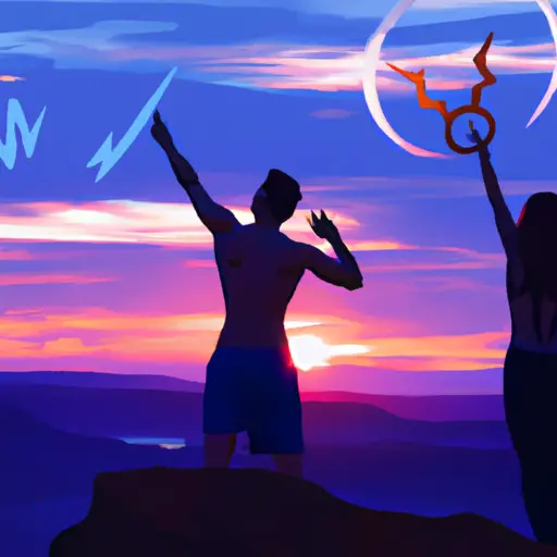 An image featuring a vibrant sunset over a scenic mountaintop, where a Libra and Sagittarius are standing side by side, arms outstretched, embracing the vastness of the world with an infectious sense of adventure and freedom