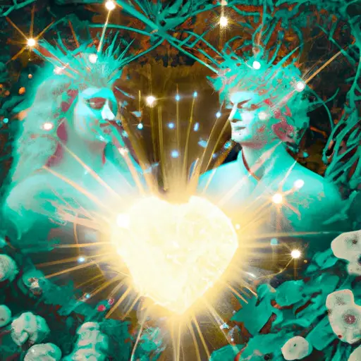An image showcasing an Aquarius and a Libra in a whimsical garden, their faces illuminated by a sparkling constellation, symbolizing their unique connection and shared love for embracing unconventional ideas and experiences