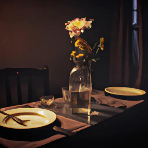 An image portraying a desolate dining table bathed in dim light, adorned with untouched plates, wilted flowers, and a single empty chair, evoking the emotional toll of a breakup and the loss of appetite that follows