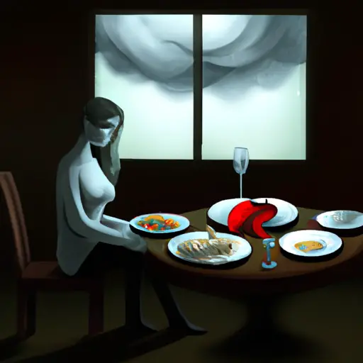 An image depicting a heartbroken person sitting alone in a dimly lit room, surrounded by empty plates of untouched food, while a storm rages outside, symbolizing the internal turmoil caused by stress and hormonal changes after a breakup
