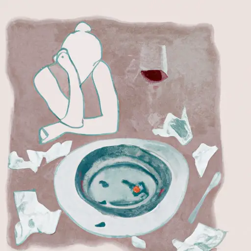 An image depicting a shattered dinner plate with uneaten food, surrounded by crumpled tissues and a half-empty glass of wine