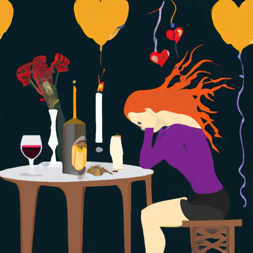 An image featuring a disheveled woman sitting alone at a candlelit table, surrounded by half-empty wine glasses, wilted flowers, and a broken heart-shaped balloon, evoking the frustrations and disappointments of the modern dating scene