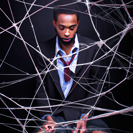 An image that captures the weight of societal expectations on men, depicting a man trapped within a tangled web of traditional gender roles, highlighting the complexities that may lead to men seeking mistresses