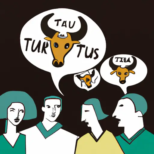An image depicting a group of diverse individuals engaged in a lively discussion, surrounded by thought bubbles filled with negative stereotypes and misconceptions about Taurus