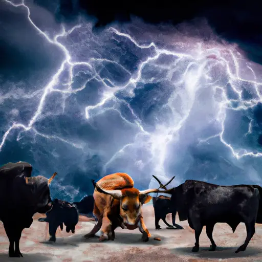 An image showcasing a bull, symbolizing Taurus, surrounded by a stormy sky with dark clouds and lightning bolts