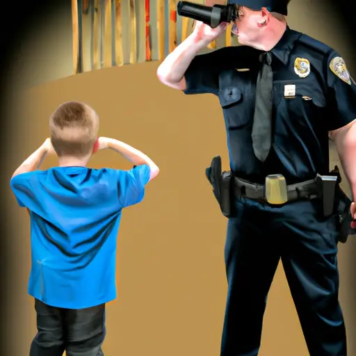 An image capturing a child observing a police officer's heroic actions, their eyes wide with awe and admiration, as the officer stands tall in their uniform, embodying strength, courage, and dedication