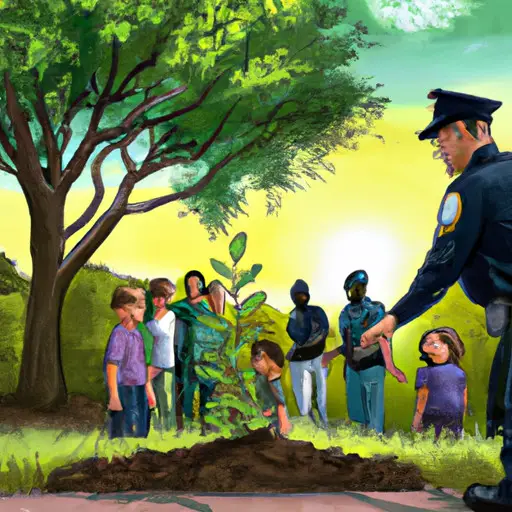 An image capturing a police officer planting a tree beside a group of children in a park, symbolizing their commitment to building a safer and greener community