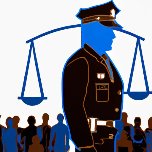 An image depicting a police officer standing tall in uniform, holding a scale symbolizing justice, with diverse citizens behind, illustrating the crucial role of law enforcement in upholding fairness and maintaining social harmony