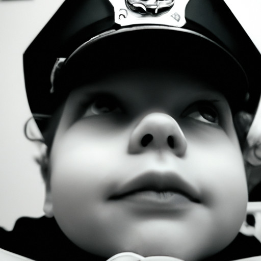 the essence of my desire to become a police officer: An image of a young child, dressed in a miniature police uniform, gazing up at a heroic officer, eyes filled with awe and determination