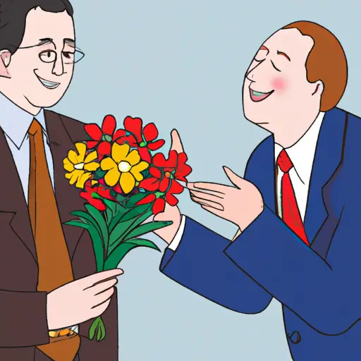 An image that depicts a boss handing a bouquet of flowers to an employee, their eyes locked in a genuine, warm smile