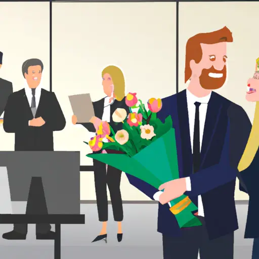 An image that portrays a boss smiling warmly while handing a bouquet of flowers to an employee, their eyes locked in appreciation