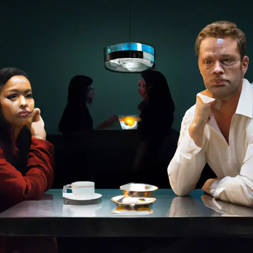 An image depicting a couple sitting across from each other at a café table, their expressions mirroring disappointment as they awkwardly interact