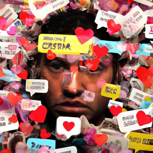 An image showing a frustrated person surrounded by a cluttered digital interface, with an overwhelming number of profile pictures, chat bubbles, and heart icons, symbolizing the exhausting and overwhelming experience of online dating