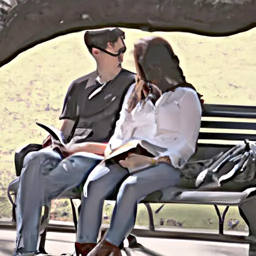 An image depicting a serene sunlit park bench, where two people, engrossed in separate books, share a comforting smile