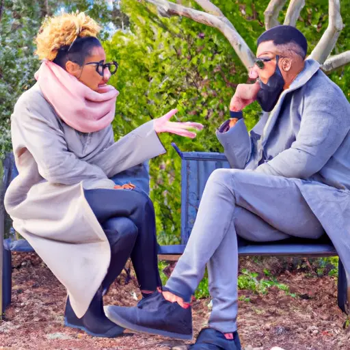 An image depicting a couple sitting on a park bench, engaged in deep conversation with sincere expressions, emphasizing open communication