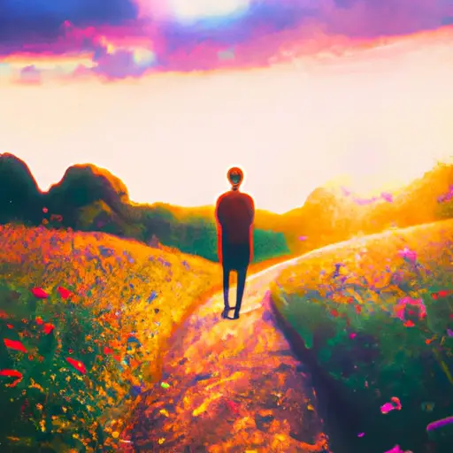 An image showing a person walking confidently along a vibrant path of self-improvement, surrounded by blooming flowers and a radiant sunset