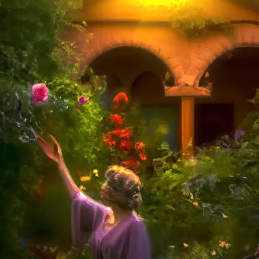 An image of a serene garden bathed in golden sunlight, where a widow stands in the foreground, her face softly illuminated, as she reaches out to touch a delicate rose blooming amidst a vibrant tapestry of flowers