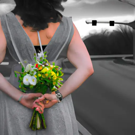 An image capturing the essence of a widow venturing into the dating world: a brave woman standing at a crossroads, wearing a wedding ring and holding a bouquet of flowers, symbolizing her resilience, hope, and determination