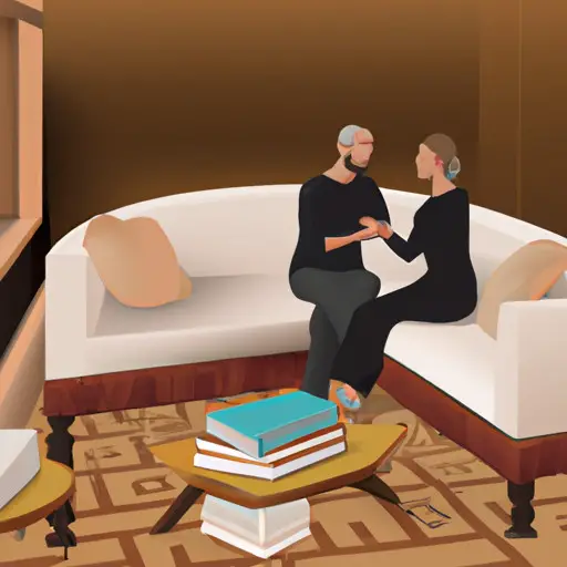 An image showcasing a widowed woman and her new partner engaged in a heartfelt conversation while sitting on a cozy couch, surrounded by open books, symbolizing the building blocks of trust and effective communication in a budding relationship