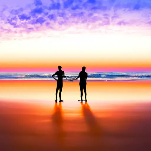 An image showcasing a vibrant sunset on a sandy beach, where two silhouetted figures hold hands, exuding happiness and contentment