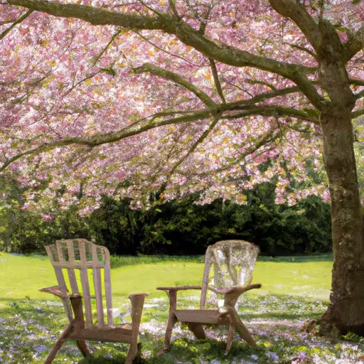 An image of a serene garden scene with two empty garden chairs, one slightly larger than the other, placed under a blooming cherry blossom tree, invitingly facing each other, as sunlight filters through the delicate pink petals