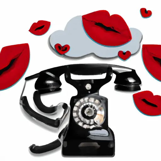 An image depicting a retro black rotary telephone with a heart-shaped receiver, surrounded by a cloud of red lipstick marks