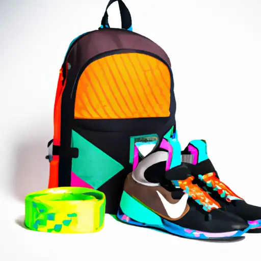 An image showcasing a vibrant basketball-themed backpack, containing a sleek pair of custom-designed basketball shoes, a stylish sweatband, colorful ankle braces, and a high-tech wristband, all neatly arranged