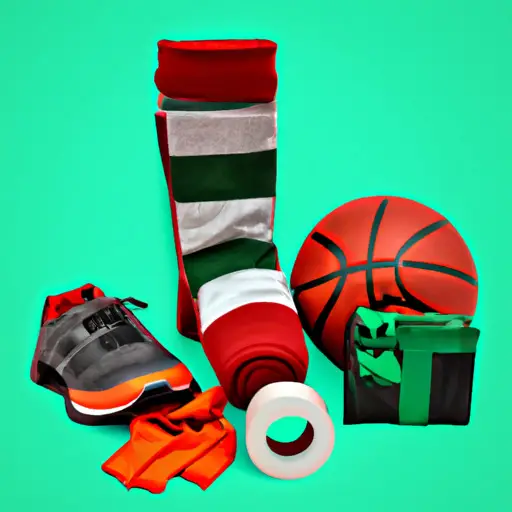 An image showcasing a festive red and green stocking filled with basketball-themed practical gifts: a mini pump, sweat-wicking socks, grip-enhancing gloves, ankle braces, and a compact foam roller