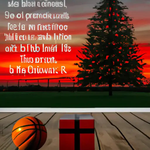 An image featuring a basketball court illuminated by a vibrant sunset, with a towering tree adorned with basketball ornaments on the sideline