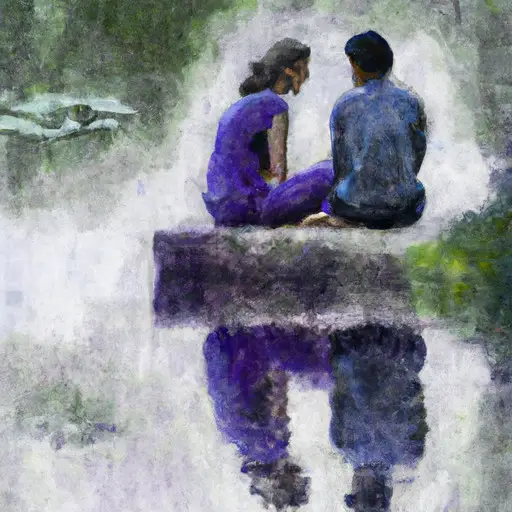 An image that depicts two individuals sitting by a serene lake, engaged in deep conversation