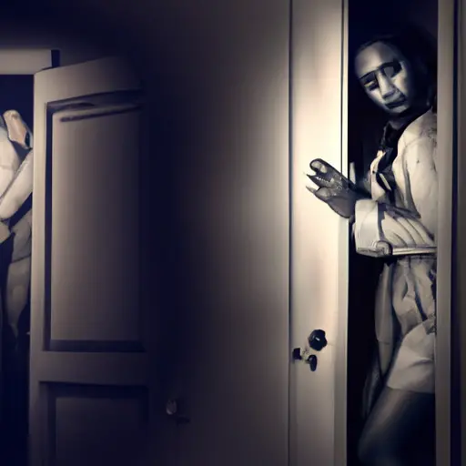 An image of a woman standing in the shadows, peeking through a half-opened door, her expression a mix of longing and secrecy