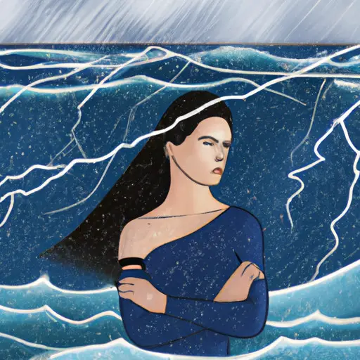 An image depicting a woman standing confidently amidst a stormy sea, shielding herself with an impenetrable emotional shield