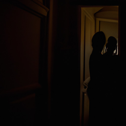 An image showcasing a silhouette of a woman, standing beside a man in a dimly lit room, their bodies partially hidden behind a doorframe