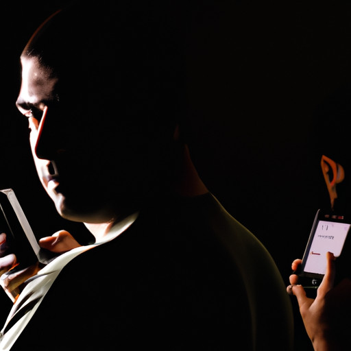An image capturing a man nervously glancing over his shoulder while holding two cellphones, one displaying messages from his side chick