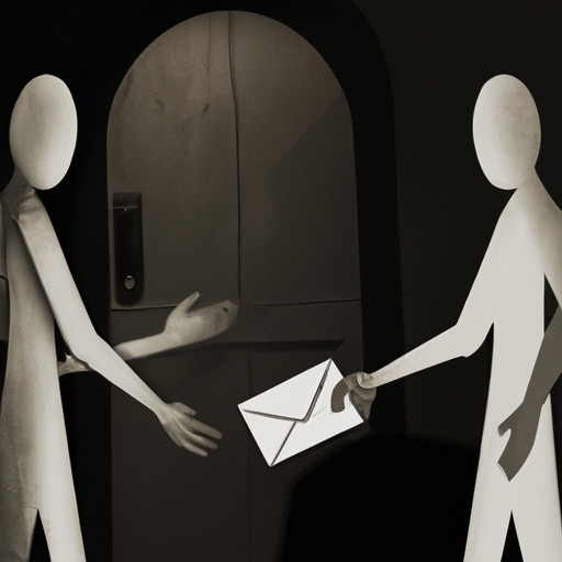 An image of two figures, one extending a hand with a closed envelope, symbolizing trust and secrecy