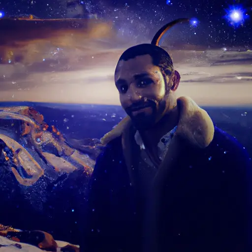 An image showcasing a serene night sky with twinkling stars, illuminating a confident Capricorn man on a mountaintop