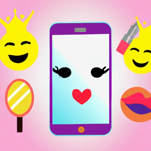 An image of a smartphone screen displaying a heart-eyed face emoji next to a mirror reflection of a smiling person, surrounded by various beauty-related emojis like lipstick, nail polish, and a crown
