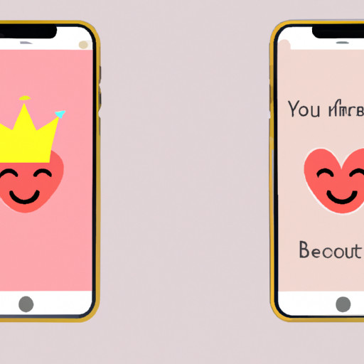 An image featuring a smartphone screen split into two: on the left, a blushing smiley face with hearts for eyes; on the right, a sequence of emojis – such as a rose, sparkles, and a crown – forming the phrase "You are beautiful