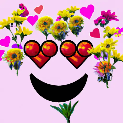 An image showcasing a vibrant bouquet of assorted flowers, complemented by a smiling face emoji adorned with heart-shaped eyes, radiating positivity and appreciation