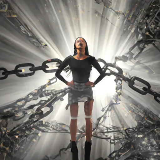 An image depicting a confident woman standing tall and looking determined, surrounded by shattered chains symbolizing liberation